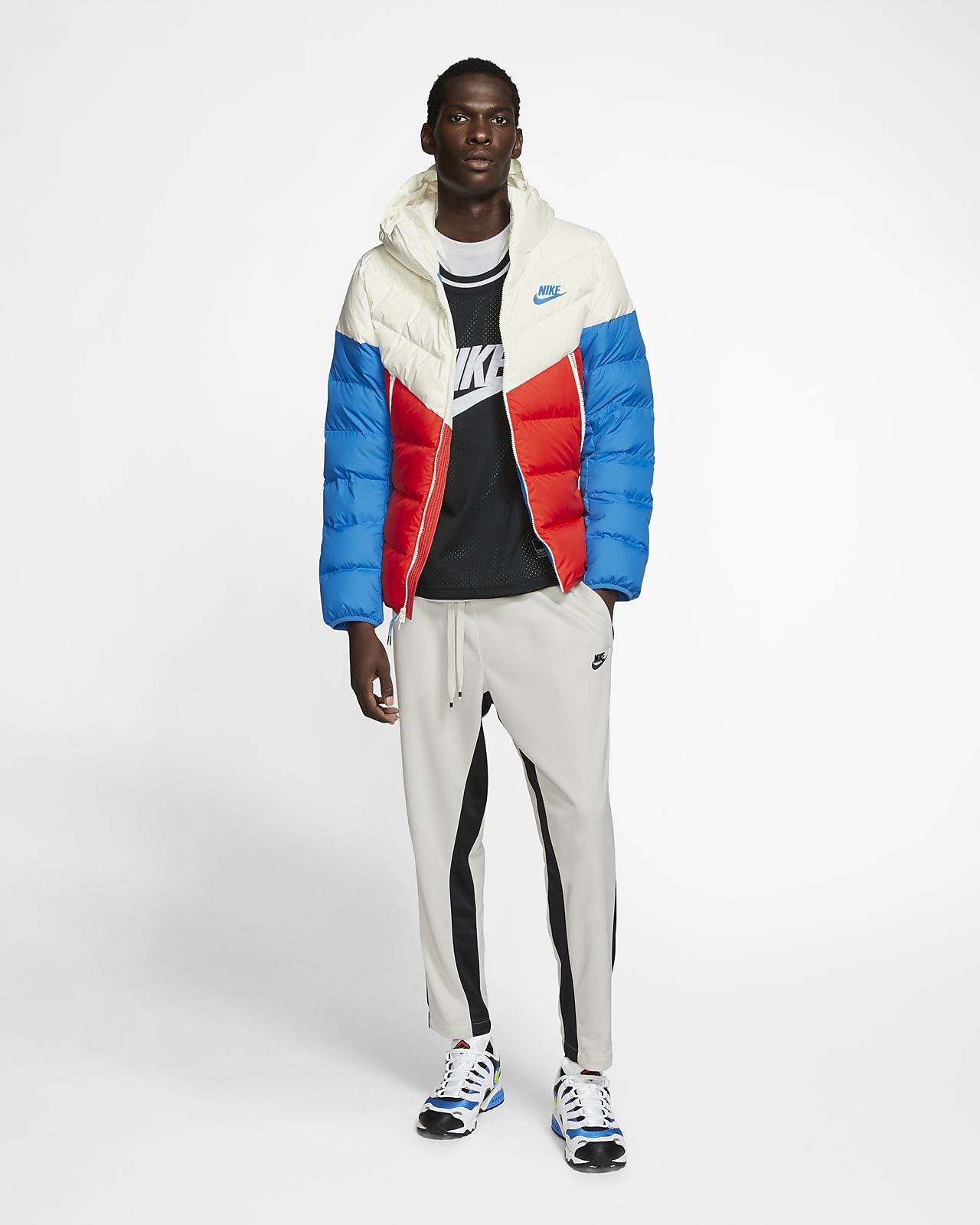 nike puffer jacket red white and blue