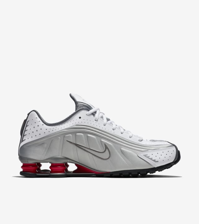 nike shox r4 white metallic silver & red