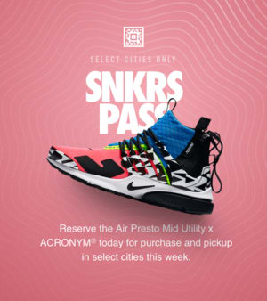 Nike Air Presto Mid Utility x ACRONYM Racer Pink Black Photo Blue SNKRS Pass Select Cities. Nike SNKRS